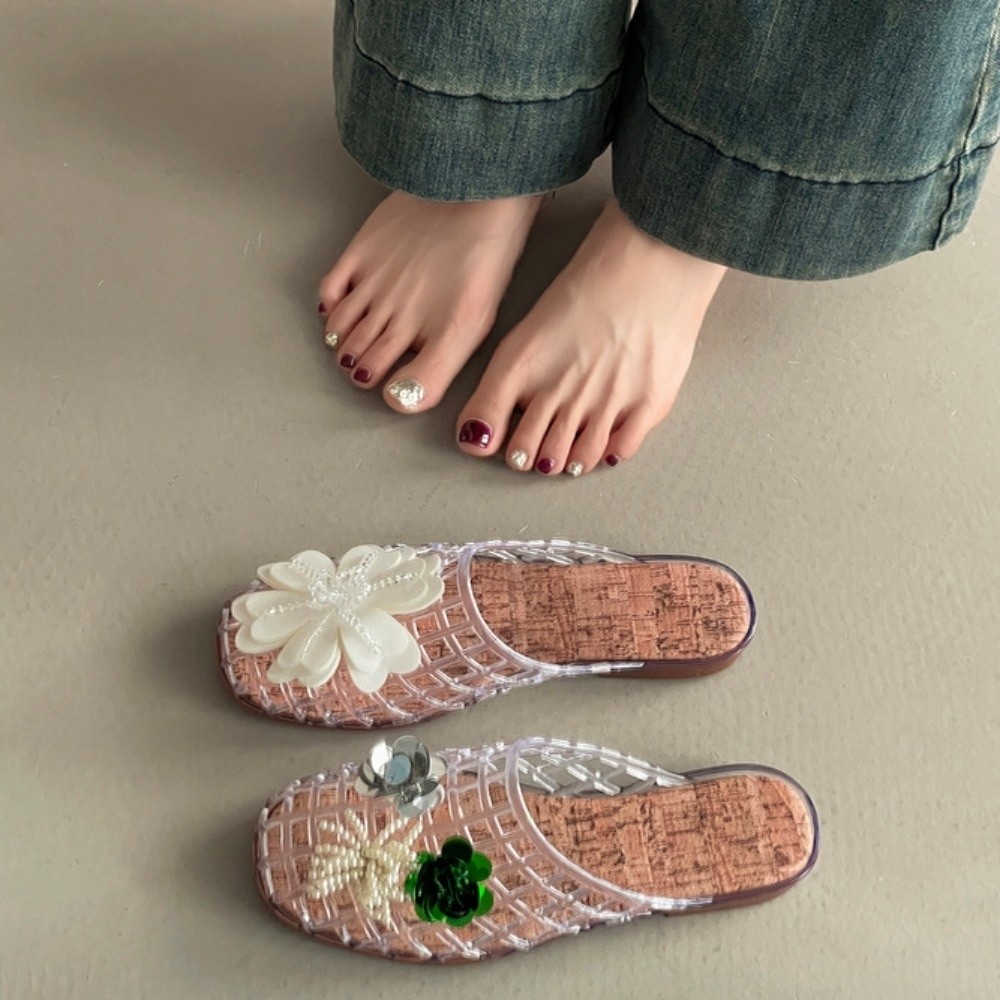 Round Toe PVC Crystal Slippers - Fishing Net 评论和价格